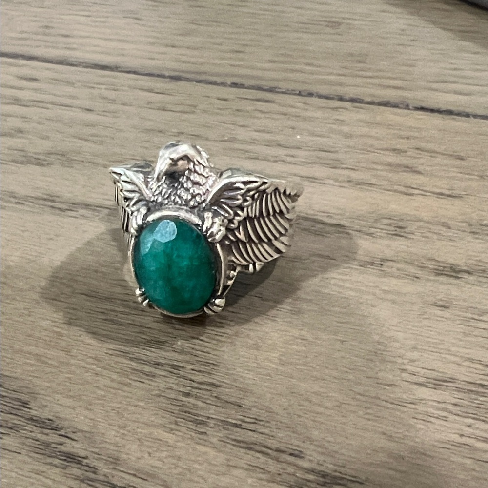 Sterling Silver Griffon? Ring with Natural Emerald